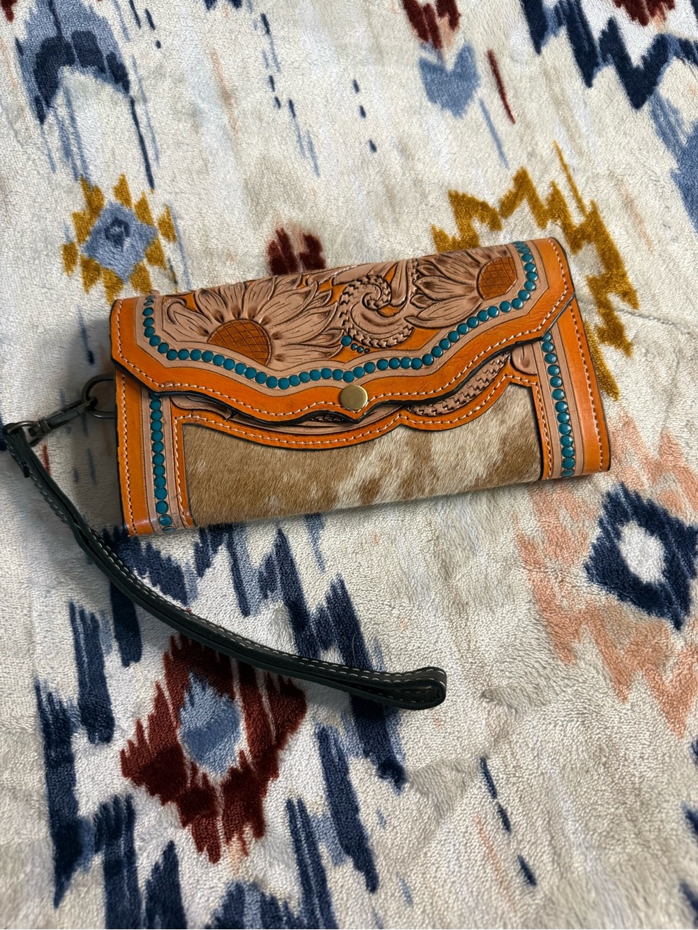 Hand-Tooled Floral Leather Wristlet Clutch in Tan and Turquoise